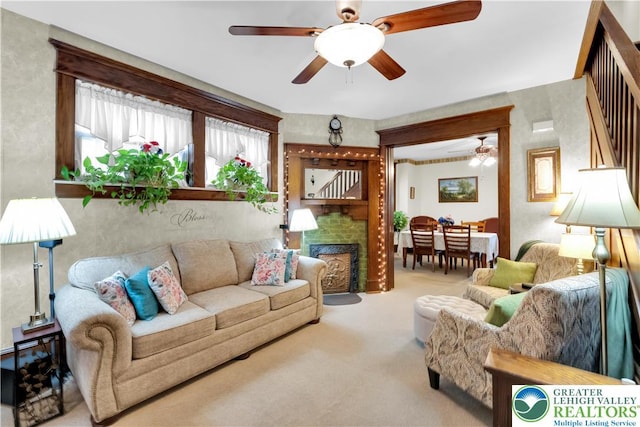 14 S 14th St, Easton, PA 18042 - carpeted living area with ceiling fan and a fireplace