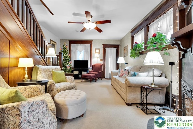 14 S 14th St, Easton, PA 18042 - living area featuring ceiling fan, carpet floors, and stairs