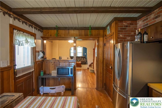 1666 Newport Ave, Northampton Boro, PA 18067 - kitchen featuring appliances with stainless steel finishes, wood finished floors, a wood ceiling with exposed beams, a ceiling fan, and wooden walls