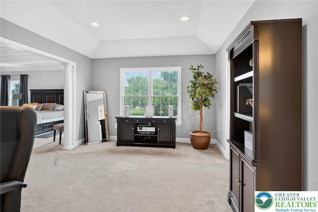 4508 Homestead Dr, Lower Nazareth Twp, PA 18064 - sitting room featuring light colored carpet, ornate columns, and recessed lighting