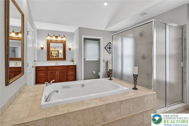 4508 Homestead Dr, Lower Nazareth Twp, PA 18064 - full bath featuring vanity, a shower stall, a garden tub, and vaulted ceiling