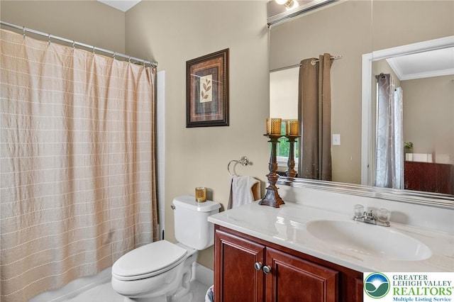 4508 Homestead Dr, Lower Nazareth Twp, PA 18064 - bathroom featuring crown molding, vanity, and curtained shower