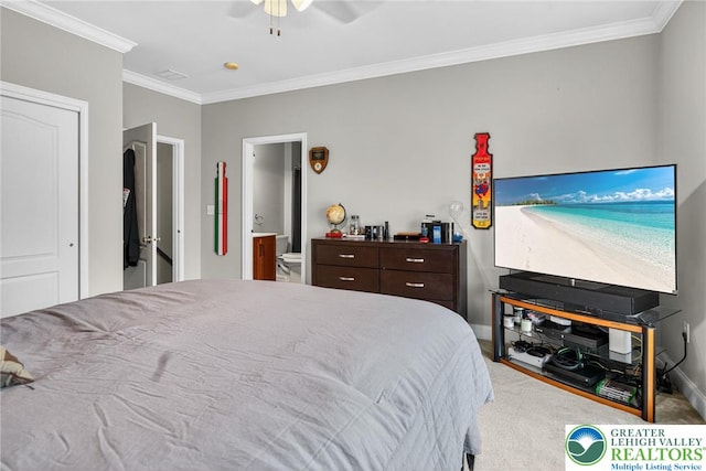 4508 Homestead Dr, Lower Nazareth Twp, PA 18064 - carpeted bedroom featuring crown molding, a ceiling fan, and connected bathroom
