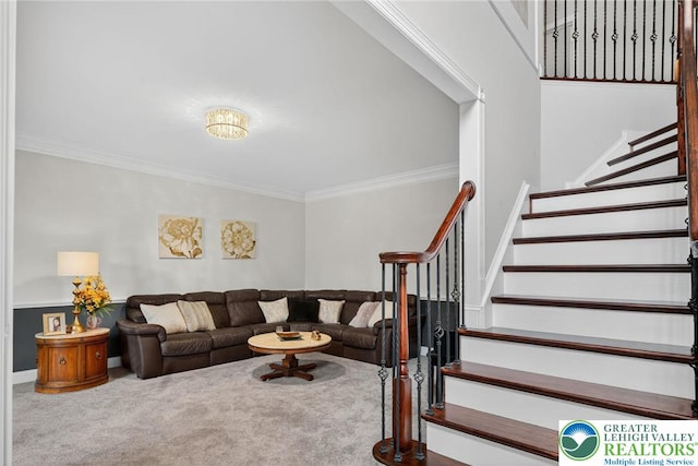 4508 Homestead Dr, Lower Nazareth Twp, PA 18064 - carpeted living area featuring stairway and ornamental molding
