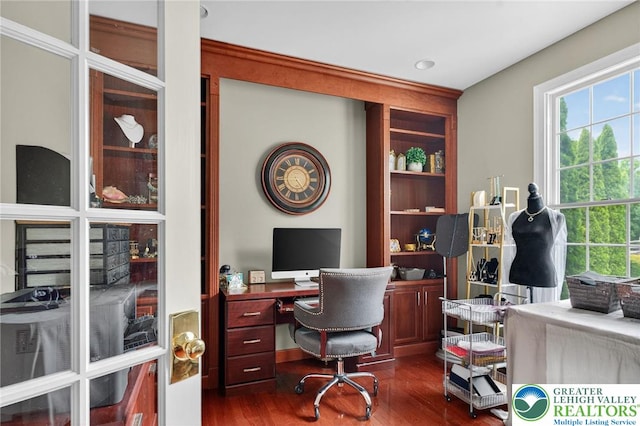 4508 Homestead Dr, Lower Nazareth Twp, PA 18064 - office area featuring dark wood finished floors and healthy amount of natural light