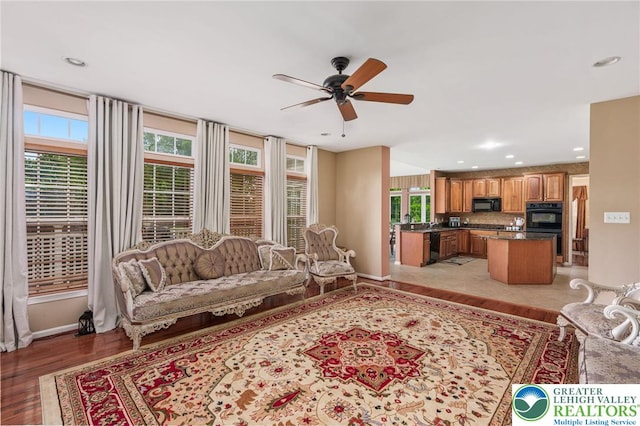 232 S 33rd St, South Whitehall Twp, PA 18104 - living room featuring ceiling fan, light wood-style flooring, and recessed lighting