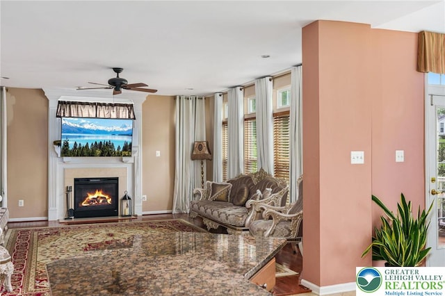 232 S 33rd St, South Whitehall Twp, PA 18104 - living room featuring a glass covered fireplace, ceiling fan, and wood finished floors
