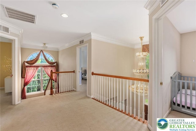 232 S 33rd St, South Whitehall Twp, PA 18104 - hallway with an upstairs landing, a chandelier, carpet floors, crown molding, and recessed lighting