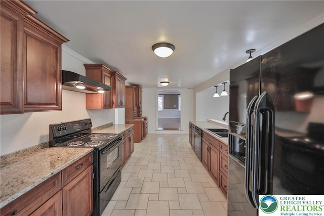 5758 Lower Macungie Rd, Lower Macungie Twp, PA 18062 - kitchen featuring black appliances, wall chimney exhaust hood, light stone counters, and brown cabinetry