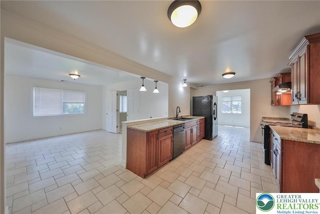5758 Lower Macungie Rd, Lower Macungie Twp, PA 18062 - kitchen featuring black appliances, range hood, open floor plan, brown cabinetry, and ornamental molding