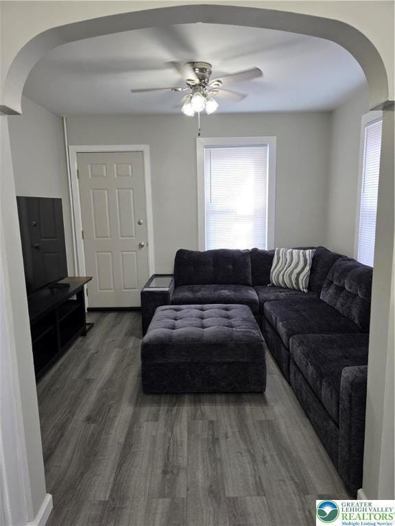 1523 Cedar St, Northampton Boro, PA 18067 - living room featuring arched walkways, a ceiling fan, and wood finished floors