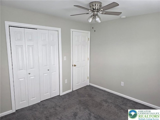 1523 Cedar St, Northampton Boro, PA 18067 - unfurnished bedroom featuring dark colored carpet, a closet, and a ceiling fan