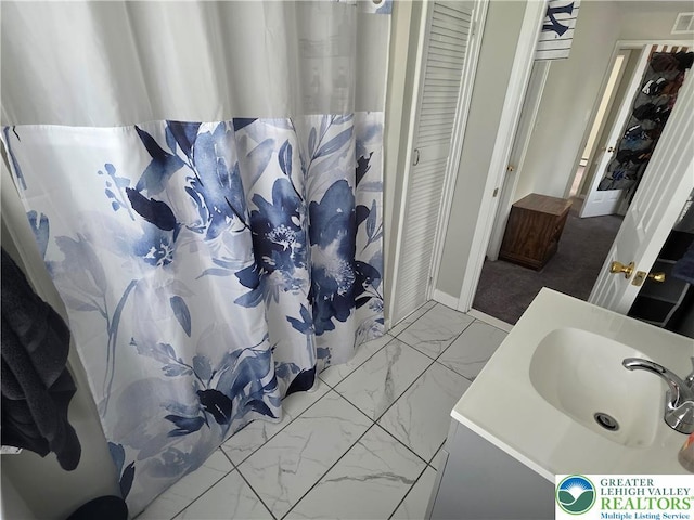 1523 Cedar St, Northampton Boro, PA 18067 - full bathroom featuring marble finish flooring, vanity, and a shower with shower curtain