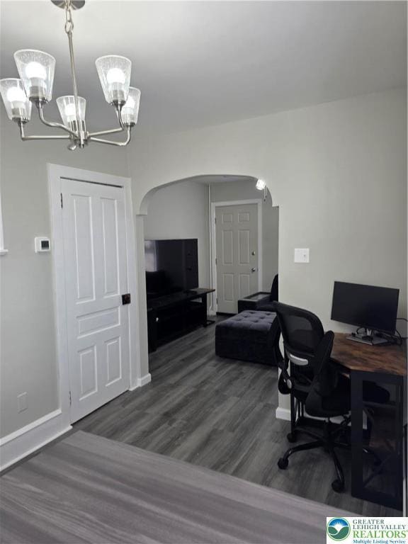 1523 Cedar St, Northampton Boro, PA 18067 - home office with arched walkways, a chandelier, and wood finished floors