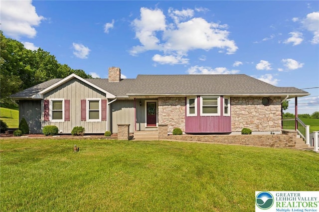 4661 Hillside Rd, Coplay Boro, PA 18037 - single story home featuring a chimney, stone siding, a front lawn, board and batten siding, and roof with shingles