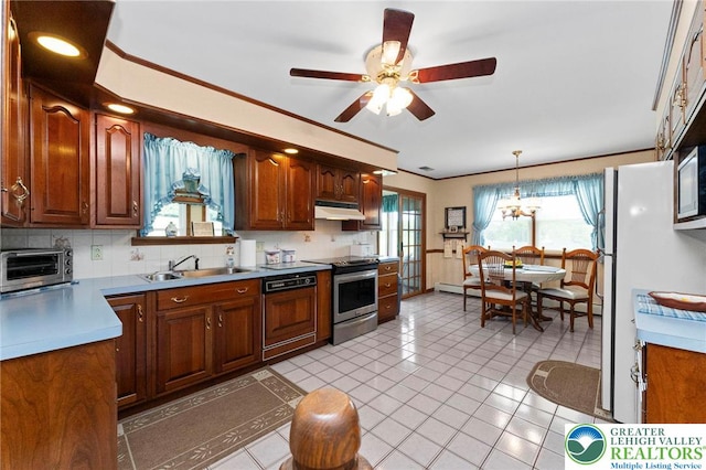 4661 Hillside Rd, Coplay Boro, PA 18037 - kitchen featuring electric range, paneled dishwasher, backsplash, under cabinet range hood, and ornamental molding