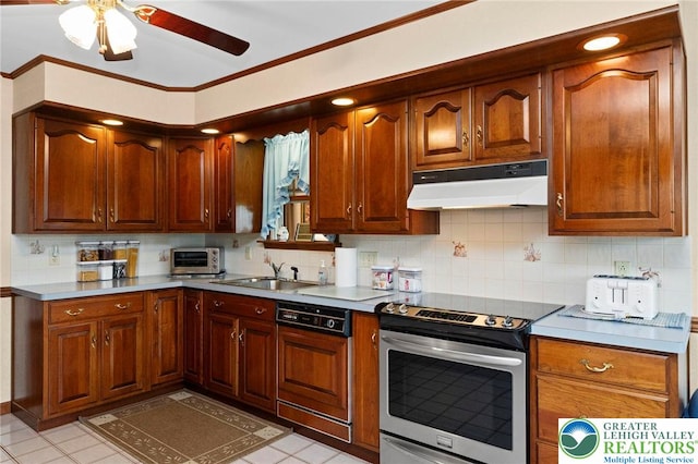 4661 Hillside Rd, Coplay Boro, PA 18037 - kitchen with stainless steel range with electric stovetop, dishwasher, under cabinet range hood, decorative backsplash, and ornamental molding