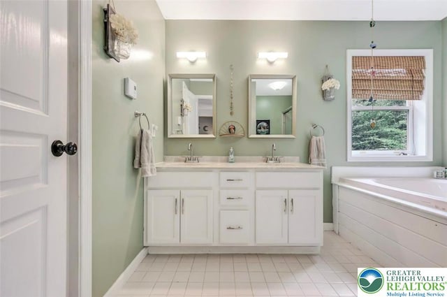 5117 Hounds Ear Rd, Coolbaugh Twp, PA 18466 - bathroom featuring double vanity, tile patterned floors, and a bath