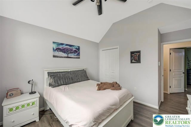 5117 Hounds Ear Rd, Coolbaugh Twp, PA 18466 - bedroom with vaulted ceiling, wood finished floors, a closet, and a ceiling fan