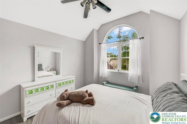 5117 Hounds Ear Rd, Coolbaugh Twp, PA 18466 - bedroom featuring lofted ceiling, a ceiling fan, and wood finished floors