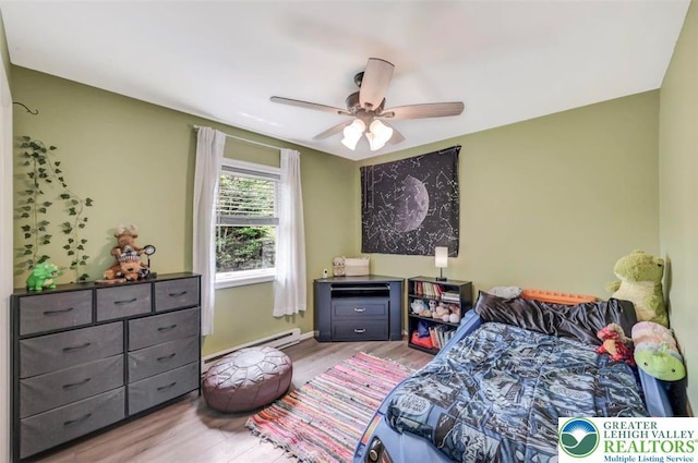 5117 Hounds Ear Rd, Coolbaugh Twp, PA 18466 - bedroom with baseboard heating, wood finished floors, and ceiling fan