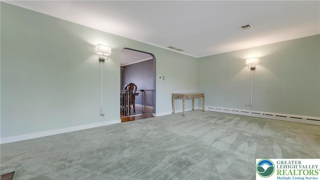 2930 Green Pond, Palmer Twp, PA 18045 - unfurnished room with arched walkways, a baseboard radiator, carpet, and ornamental molding