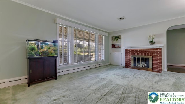2930 Green Pond, Palmer Twp, PA 18045 - unfurnished living room with a baseboard radiator, ornamental molding, carpet floors, a brick fireplace, and arched walkways