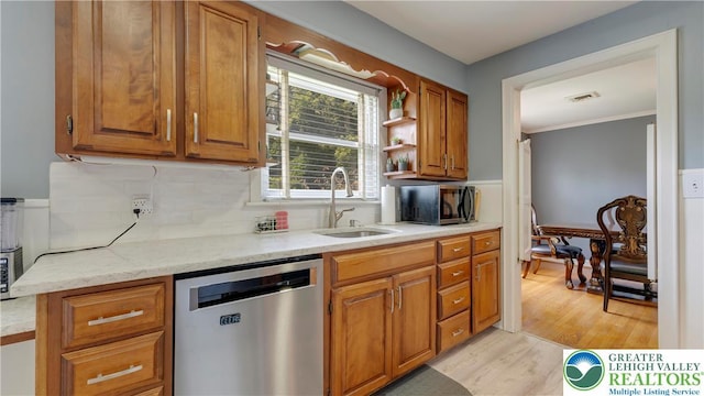 2930 Green Pond, Palmer Twp, PA 18045 - kitchen with appliances with stainless steel finishes, brown cabinets, light wood-style floors, tasteful backsplash, and open shelves