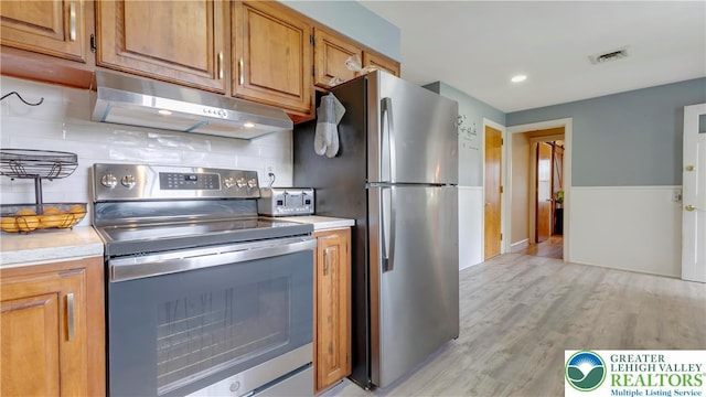 2930 Green Pond, Palmer Twp, PA 18045 - kitchen with appliances with stainless steel finishes, under cabinet range hood, light countertops, light wood-style flooring, and backsplash