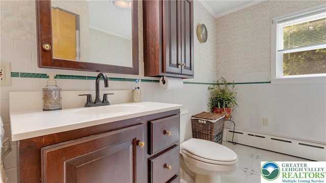 2930 Green Pond, Palmer Twp, PA 18045 - bathroom with baseboard heating, vanity, wallpapered walls, a wainscoted wall, and ornamental molding
