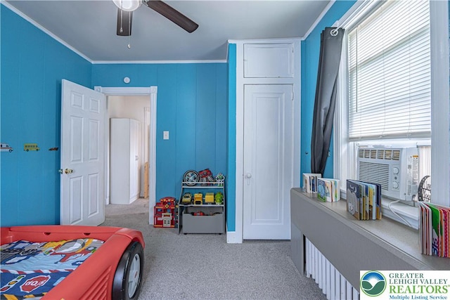 858 Radclyffe St, Bethlehem City, PA 18017 - bedroom with carpet flooring, a ceiling fan, ornamental molding, and cooling unit