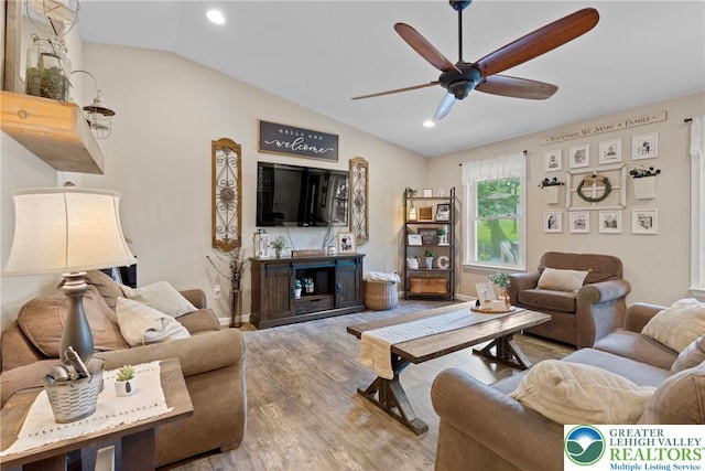 2954 Avery Rd, Washington Twp, PA 18080 - living area featuring lofted ceiling, a ceiling fan, wood finished floors, and recessed lighting