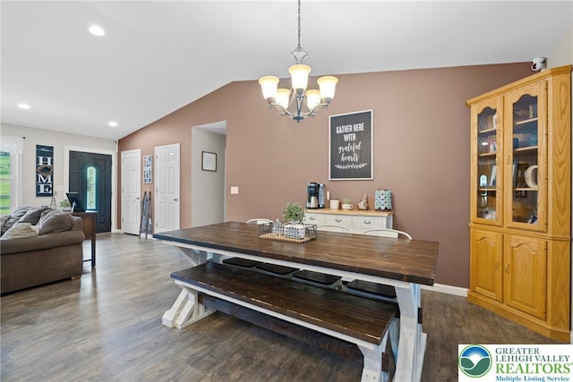 2954 Avery Rd, Washington Twp, PA 18080 - dining area with a chandelier, vaulted ceiling, dark wood finished floors, and recessed lighting
