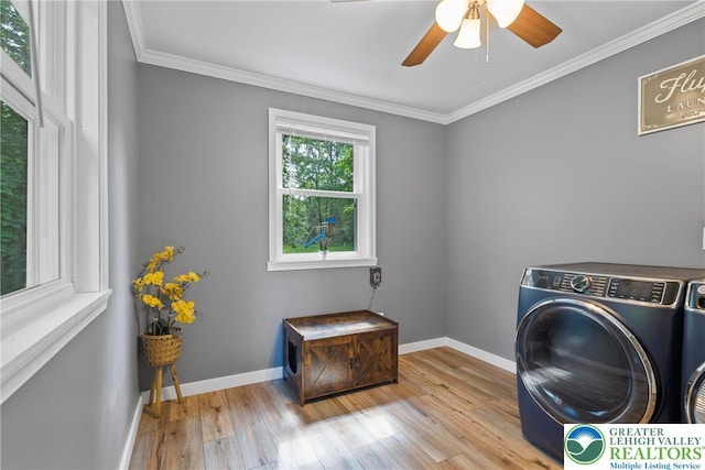 2954 Avery Rd, Washington Twp, PA 18080 - laundry area featuring washer and dryer, wood finished floors, ornamental molding, and ceiling fan