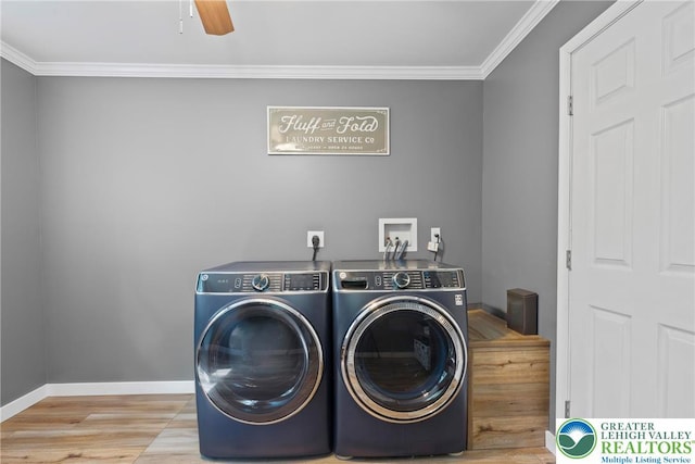 2954 Avery Rd, Washington Twp, PA 18080 - washroom with crown molding, washer and dryer, wood finished floors, and a ceiling fan