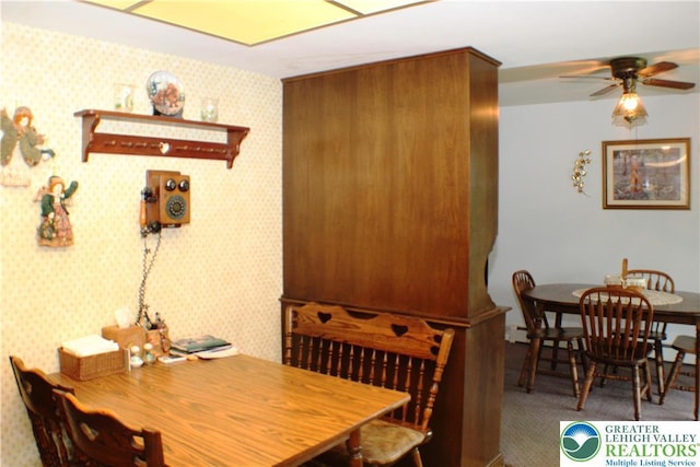 1321 Bushkill Center Rd, Bushkill Twp, PA 18091 - dining room with ceiling fan, wallpapered walls, and carpet floors