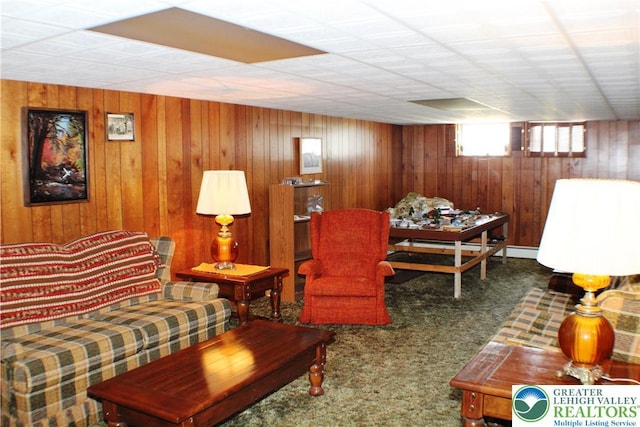 1321 Bushkill Center Rd, Bushkill Twp, PA 18091 - living room featuring carpet flooring and wooden walls