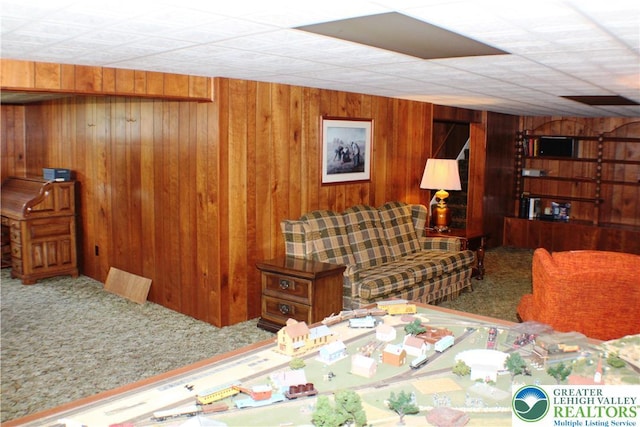 1321 Bushkill Center Rd, Bushkill Twp, PA 18091 - carpeted living room featuring wood walls
