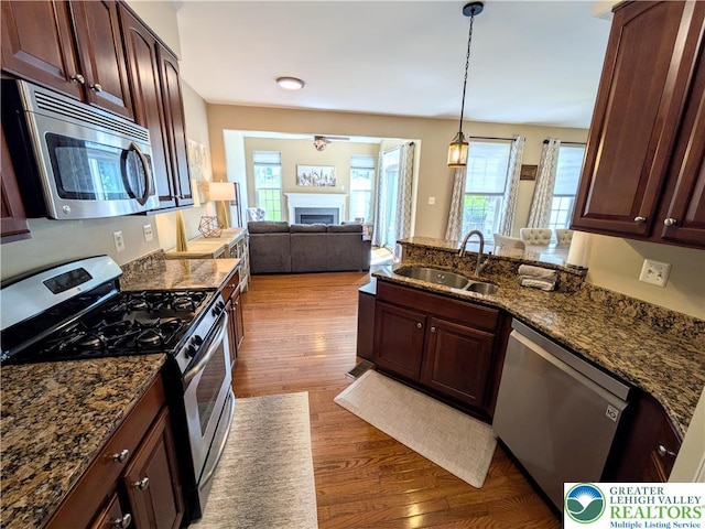 119 Gray Dr, Allen Twp, PA 18067 - kitchen featuring stainless steel appliances, wood finished floors, a fireplace, a peninsula, and open floor plan
