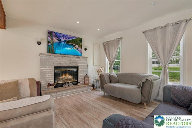 5 Flagstone Ln, East Stroudsburg, PA 18302 - living area with a fireplace, wood finished floors, and recessed lighting