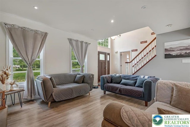 5 Flagstone Ln, East Stroudsburg, PA 18302 - living area featuring stairs, light wood-type flooring, and recessed lighting