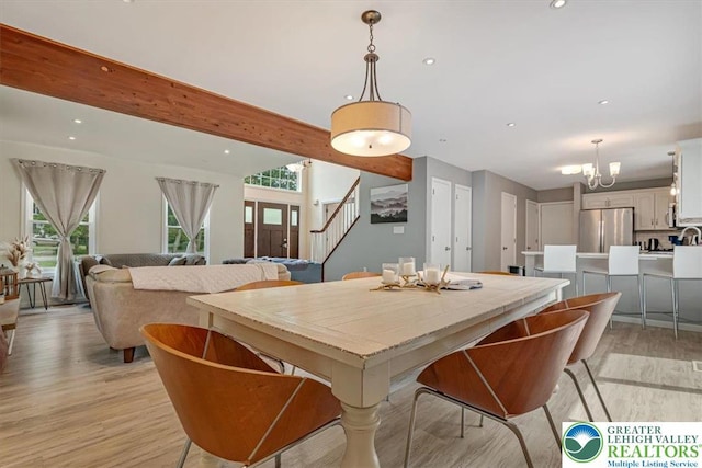 5 Flagstone Ln, East Stroudsburg, PA 18302 - dining room featuring stairway, light wood-style flooring, recessed lighting, beamed ceiling, and a chandelier