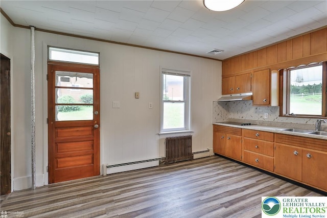 1911 Echo Rd, North Whitehall Twp, PA 18080 - kitchen with ornamental molding, under cabinet range hood, brown cabinetry, light countertops, and black electric stovetop
