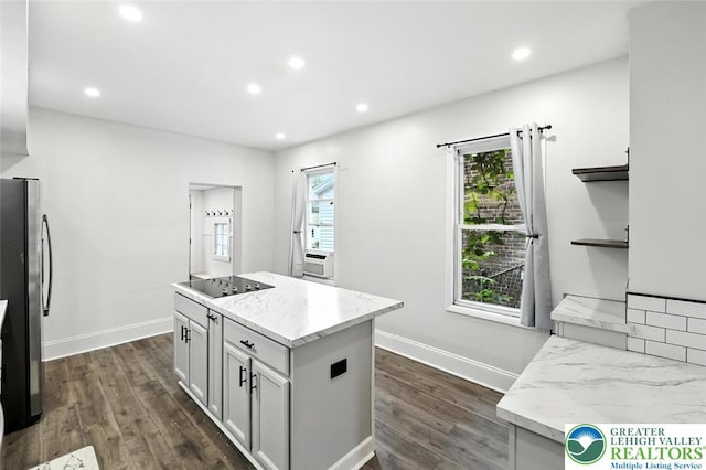 215 Tohickon Ave, Quakertown Boro, PA 18951 - kitchen with open shelves, freestanding refrigerator, recessed lighting, black electric cooktop, and dark wood-type flooring
