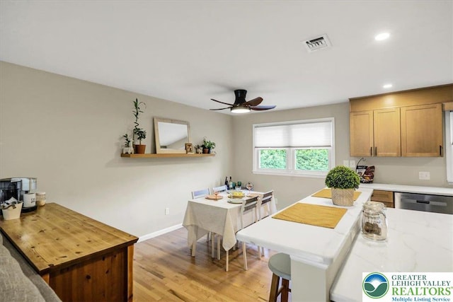 812 Miller St, Salisbury Twp, PA 18103 - kitchen with light countertops, a ceiling fan, stainless steel dishwasher, recessed lighting, and light wood-style flooring