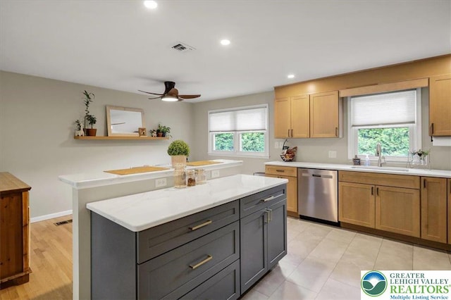 812 Miller St, Salisbury Twp, PA 18103 - kitchen featuring stainless steel dishwasher, ceiling fan, plenty of natural light, recessed lighting, and gray cabinets