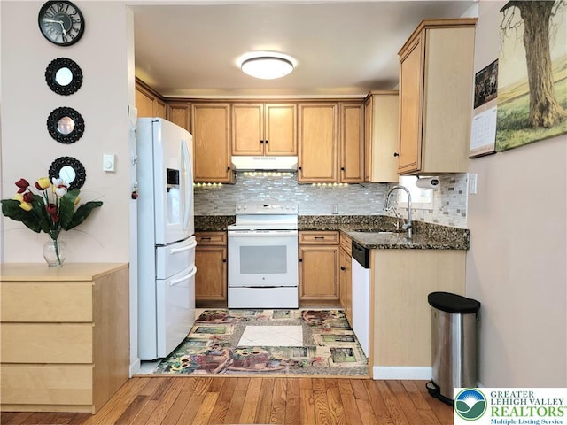 1025 Cricket Ln, Tobyhanna Twp, PA 18334 - kitchen with white appliances, under cabinet range hood, light wood-type flooring, and tasteful backsplash
