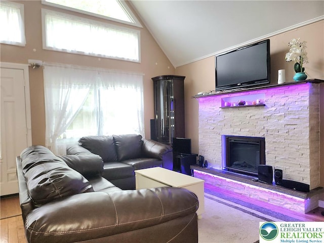 1025 Cricket Ln, Tobyhanna Twp, PA 18334 - living area featuring high vaulted ceiling, a fireplace, and wood finished floors