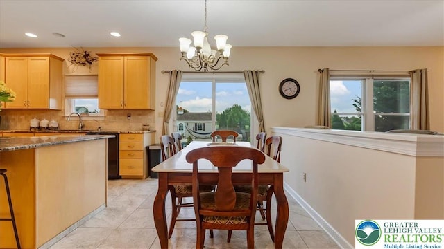 2804 Lehigh Ln, Upper Nazareth Twp, PA 18064 - dining room with a chandelier, light tile patterned floors, and recessed lighting
