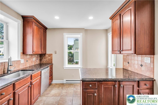 5734 Rte 873, North Whitehall Twp, PA 18078 - kitchen with dishwasher, a baseboard radiator, dark stone counters, backsplash, and recessed lighting